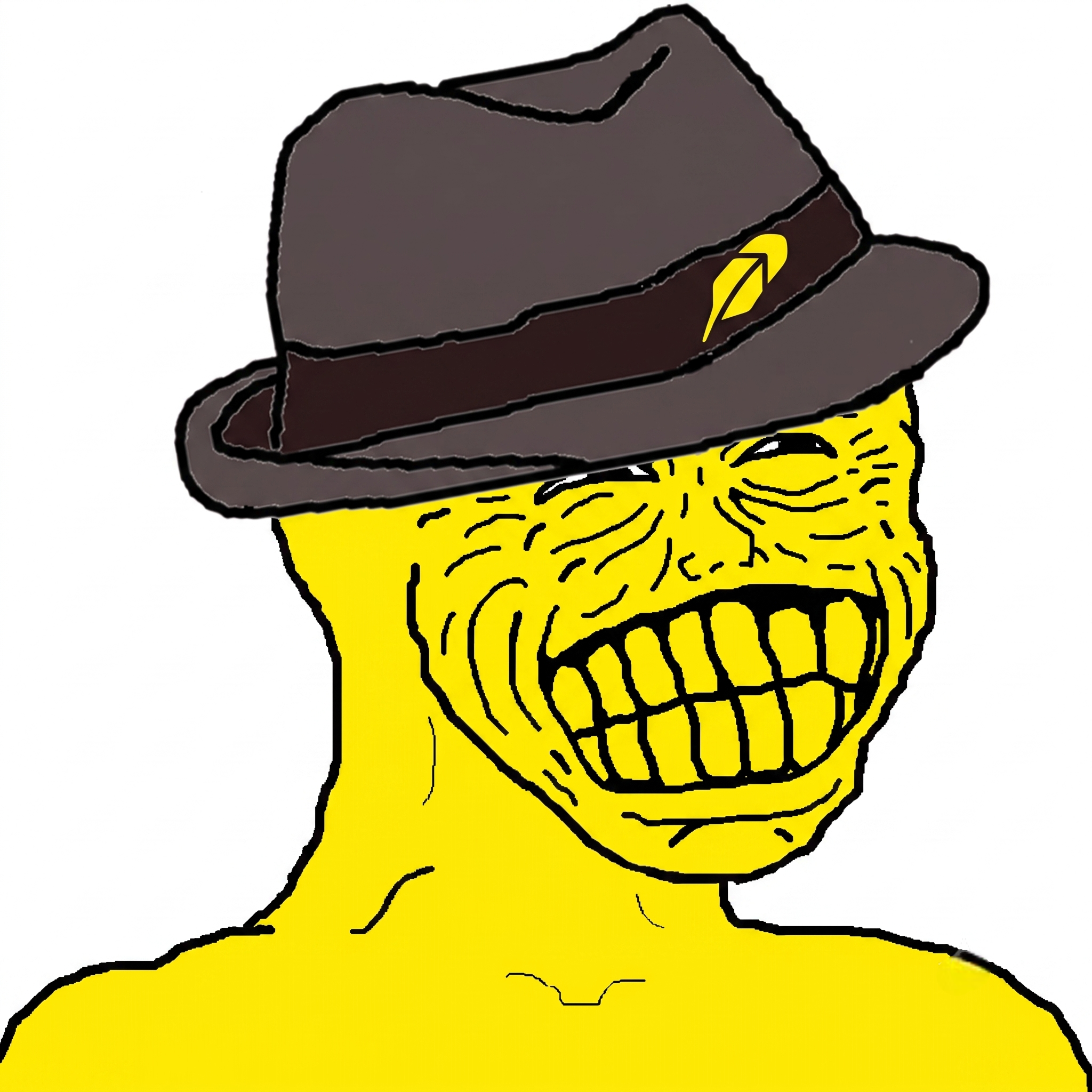 Robinhood Cult mascot — yellow grinning character wearing a Robinhood-branded brown fedora
